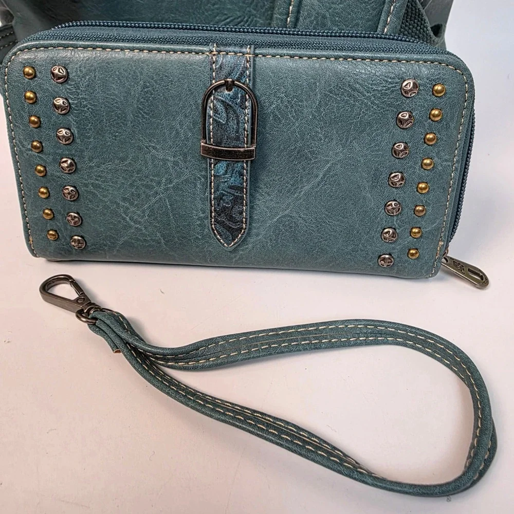 American‎ Bling Teal Blue Western Studded Backpack and Wallet 2 Piece Set NEW